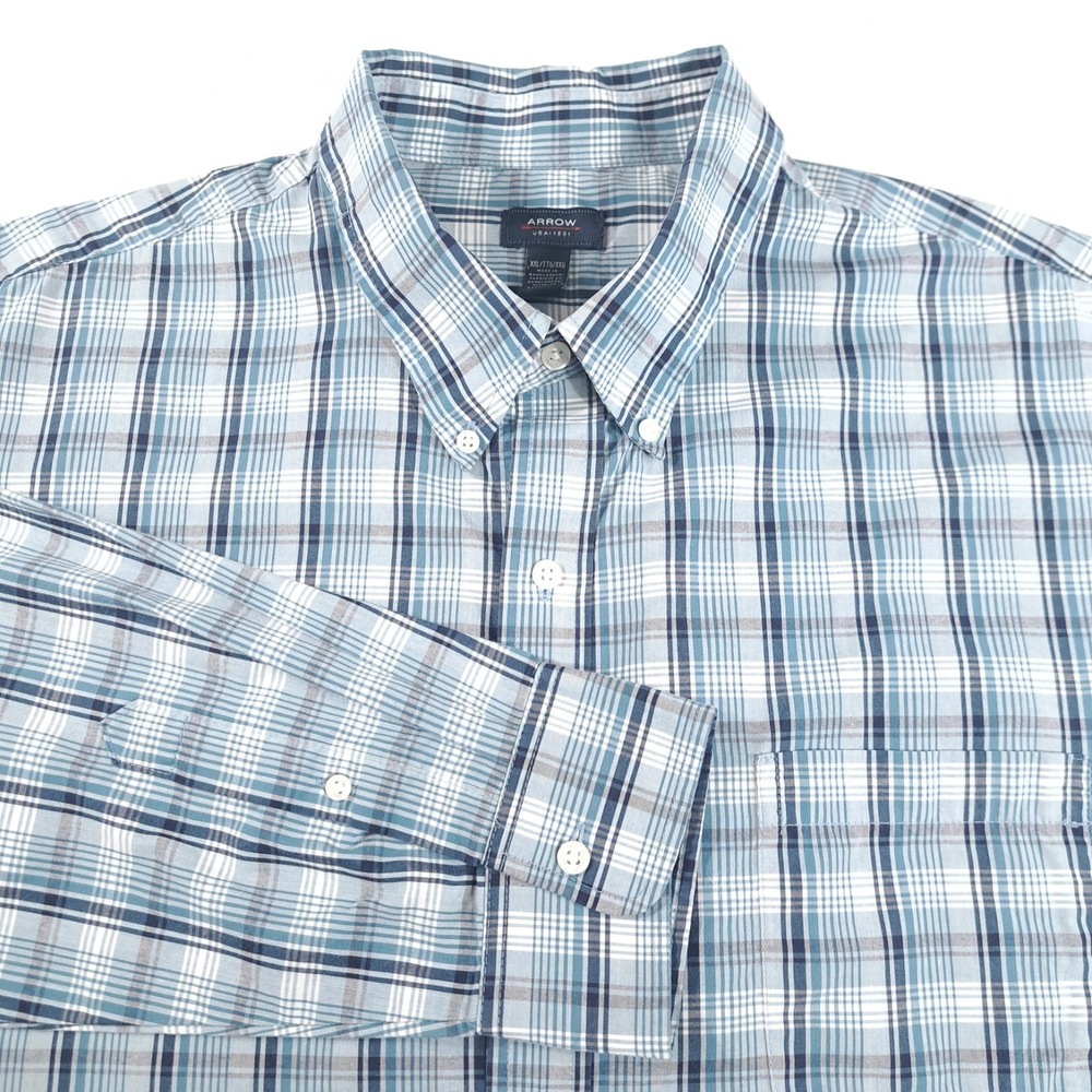 Arrow USA 1851 Men's Size XXL Plaid Button-Down Collared Shirt Blue Long Sleeve